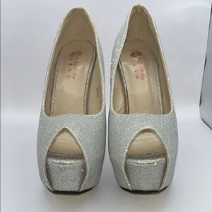 Y2K Silver Peep-Toe Heels, size 8.5